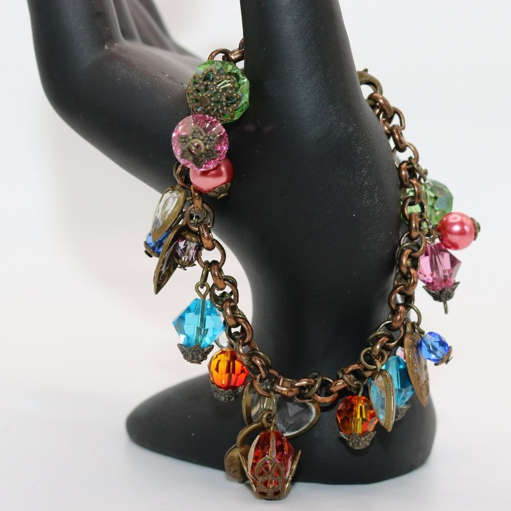 Multi Color Faceted Glass Beads Hearts Charm Bracelet